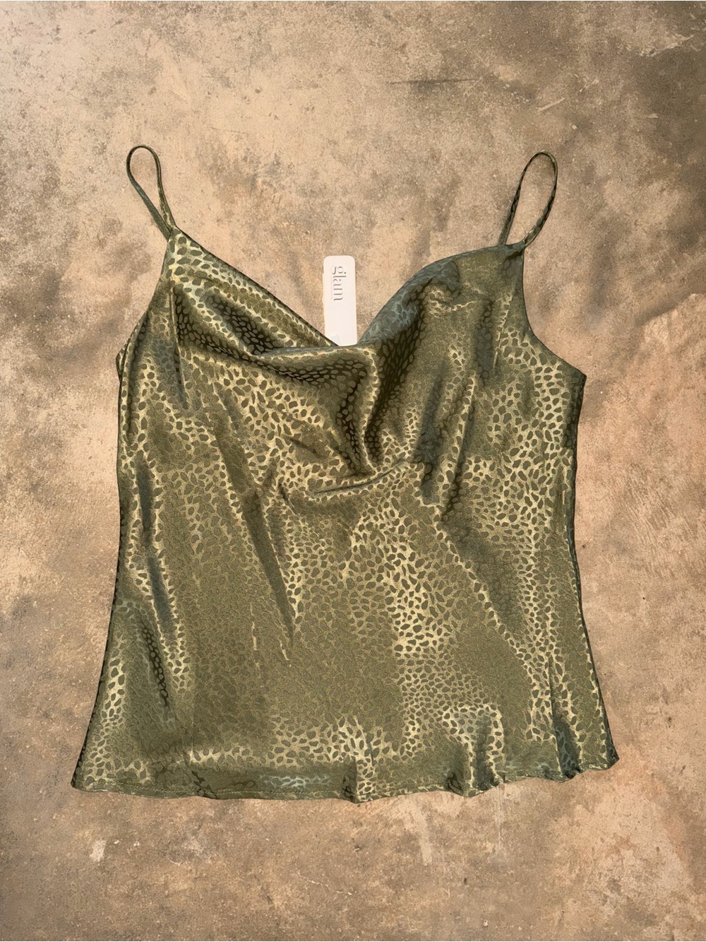 GLAM Satin Cowl Neck Cami Olive Green Animal Print Tank Top L NWT